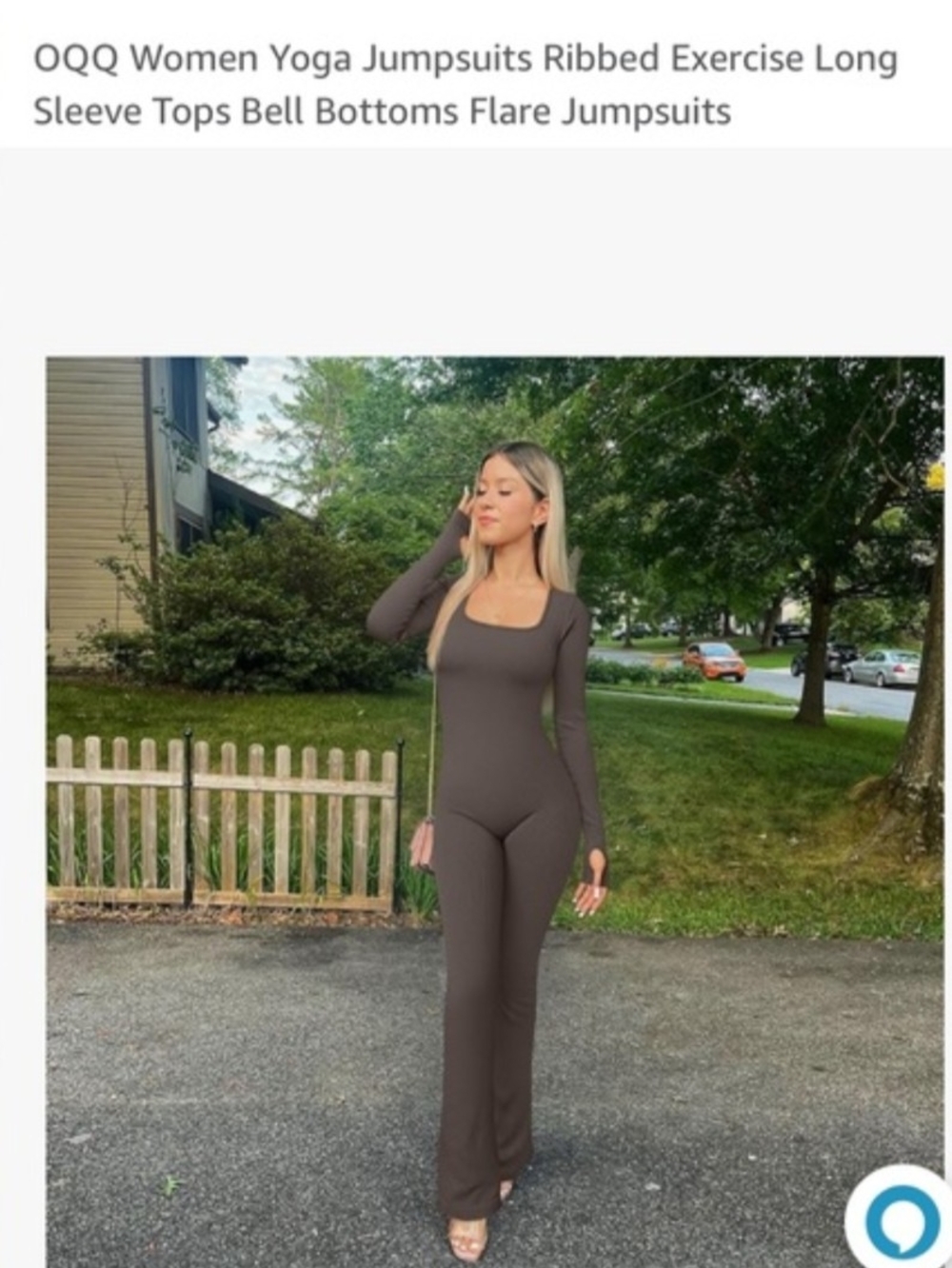 OQQ Women's Yoga Jumpsuit Ribbed Long-Sleeve Flare Jumpsuit in Brown